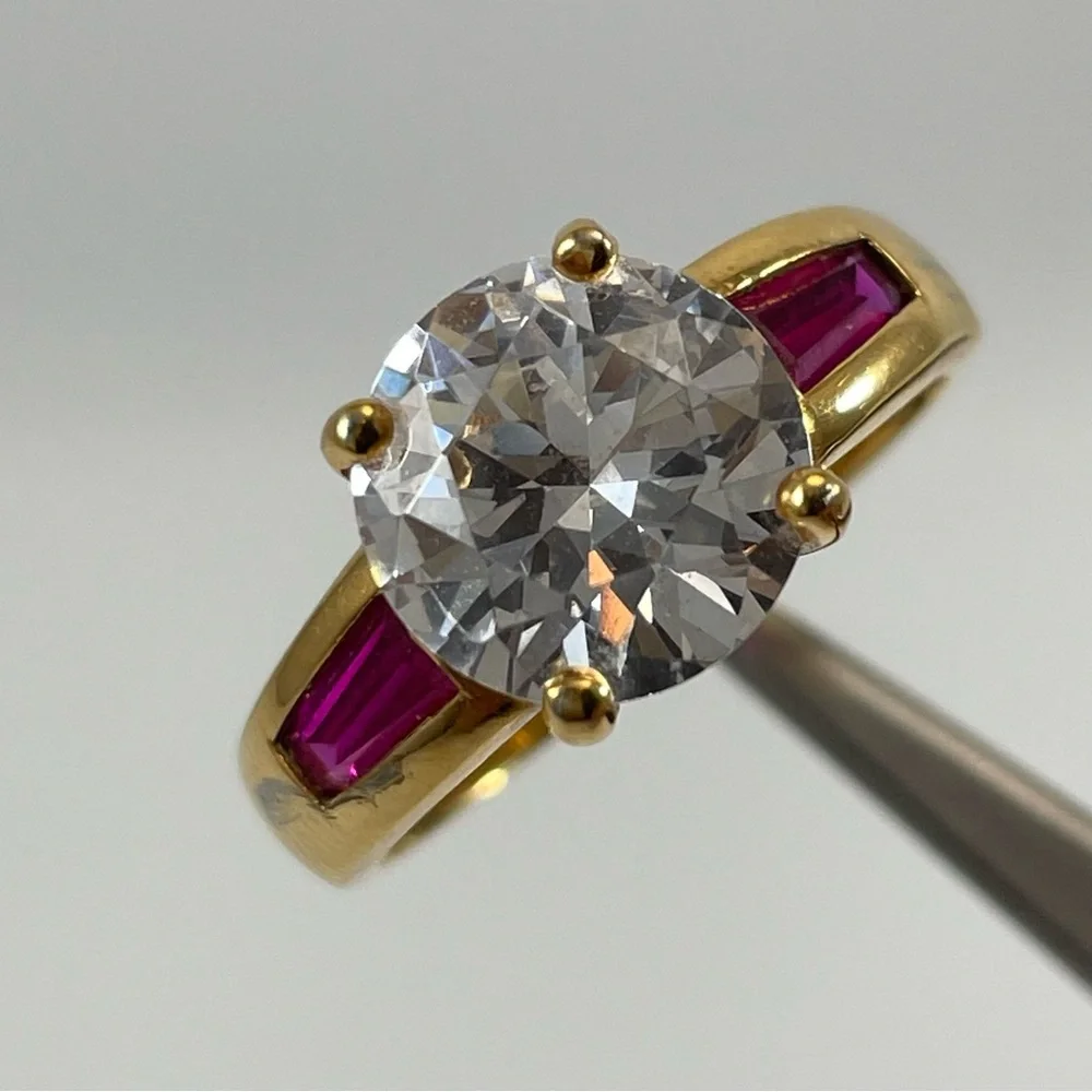 Stunning Red Ruby White Round Cut CZ Gold Plated Ring Bling Statement Sz 9